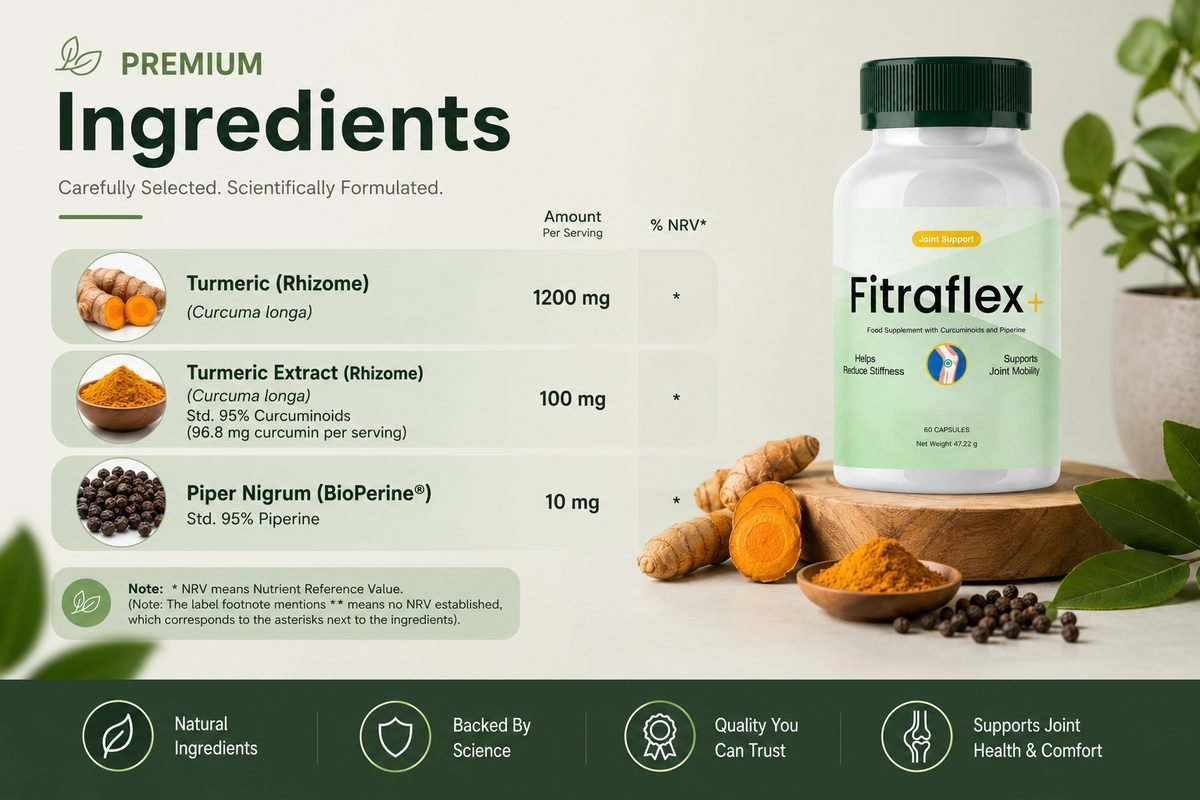 Fitraflex+ premium ingredients: turmeric rhizome, turmeric extract with curcuminoids, and Piper Nigrum BioPerine