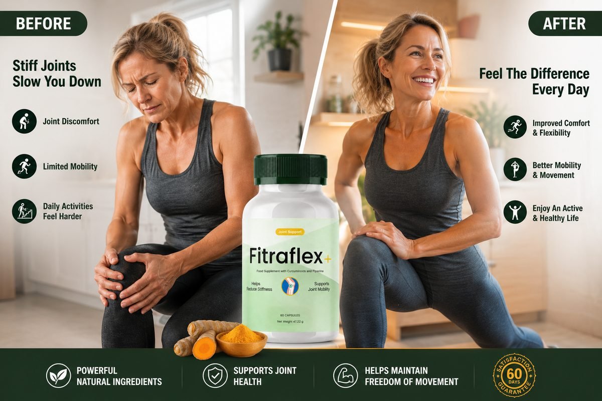 Woman in her kitchen with a bottle of Fitraflex+ and fresh fruit